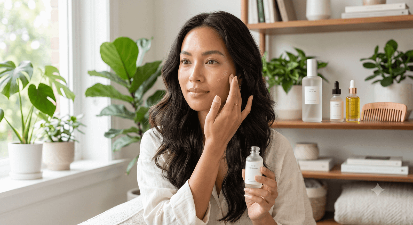 Appying serum on her face.
